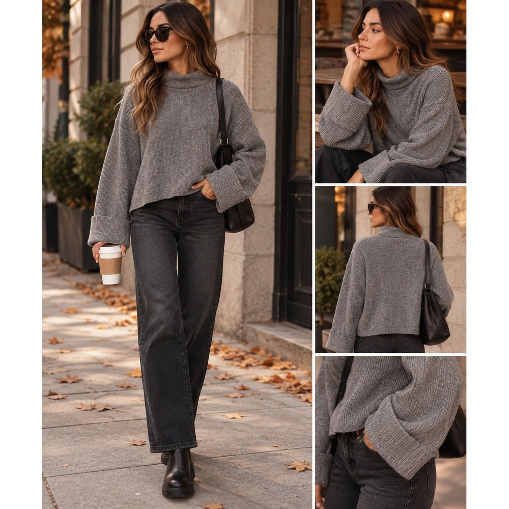 Zara Women Small Grey Ribbed Mock Neck Cuffed Sleeve Relaxed Knit Sweater